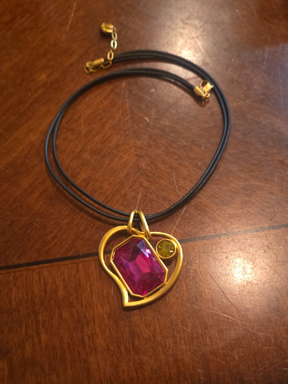 Swarovski Gold Heart Necklace with Fuchsia Crystal on Black Cord